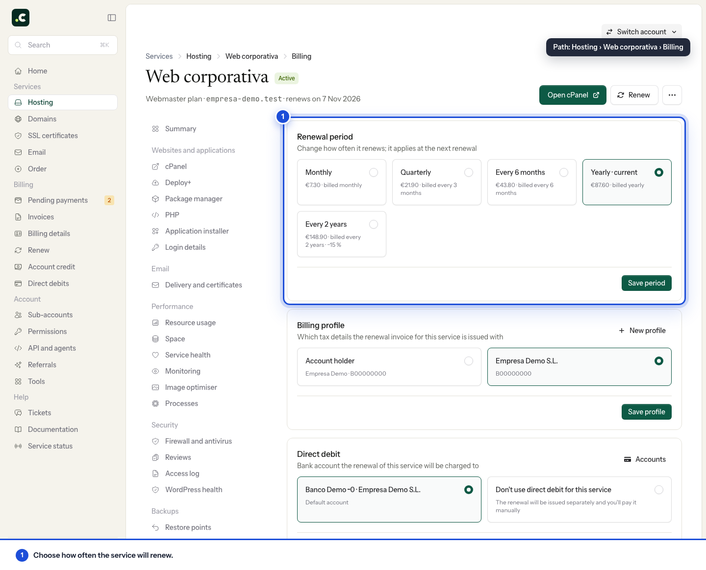 Changing the hosting renewal period