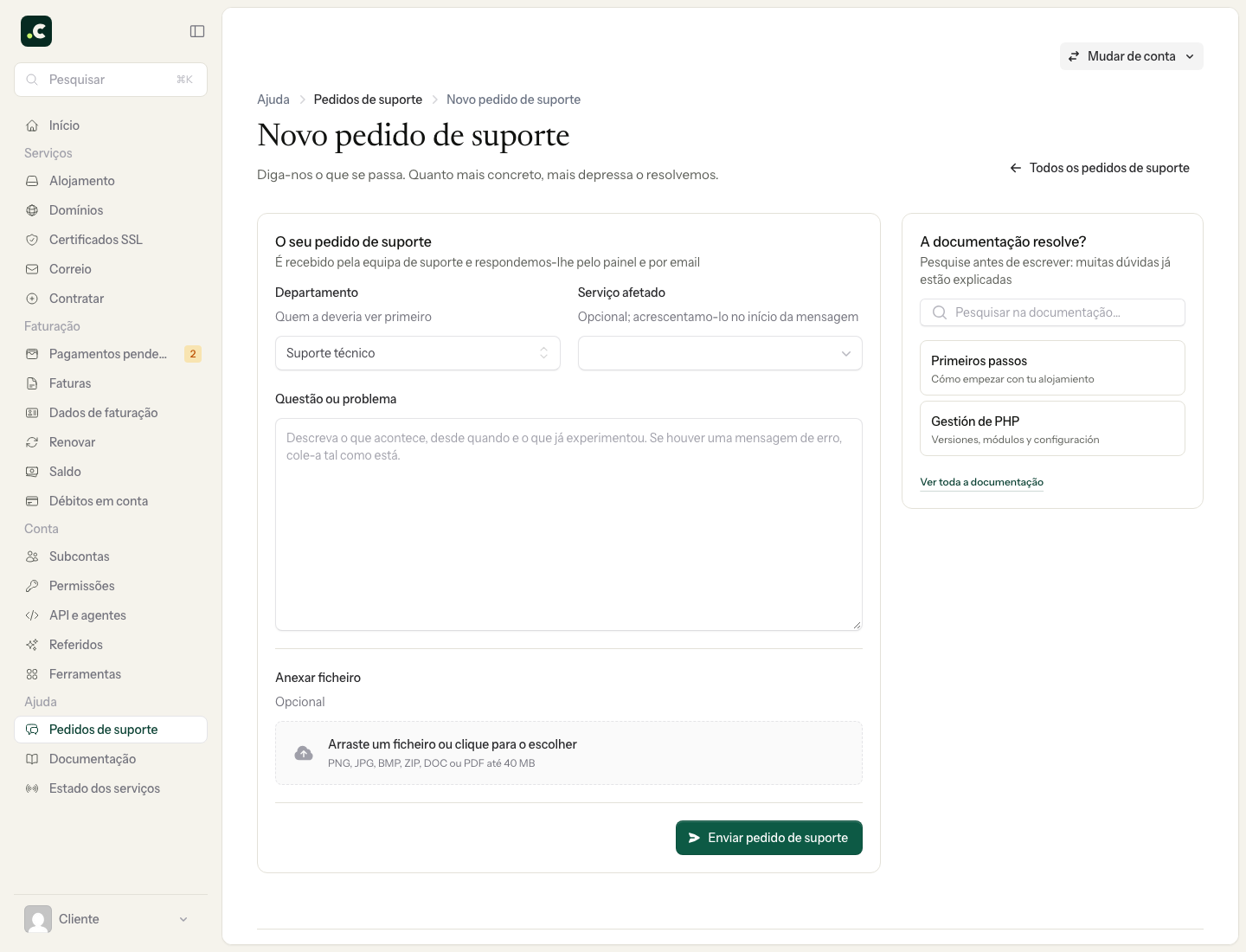 Novo pedido de suporte com departamento, serviço afetado, mensagem e anexo