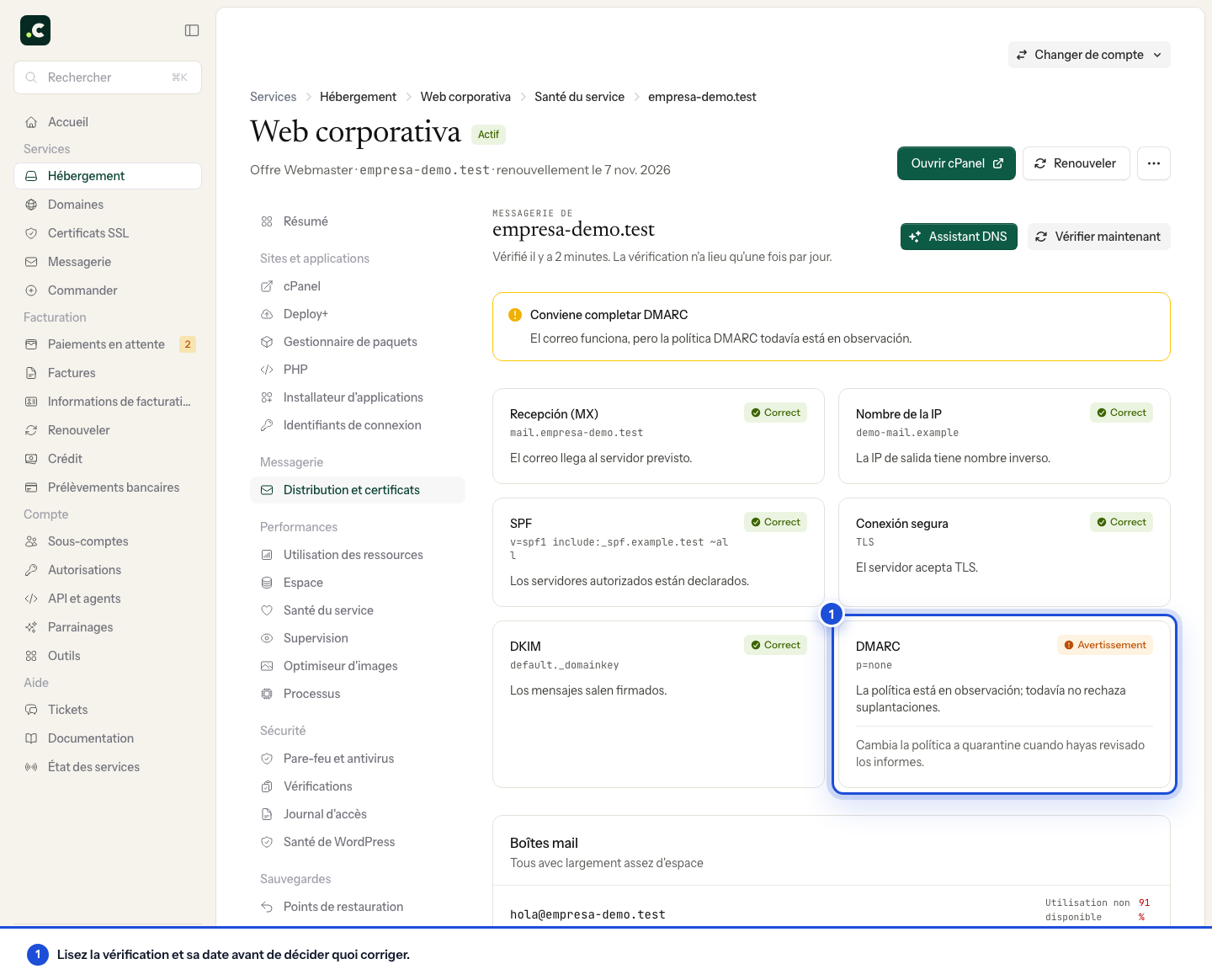 Vérifications de messagerie, DMARC et boîtes mail d'un domaine
