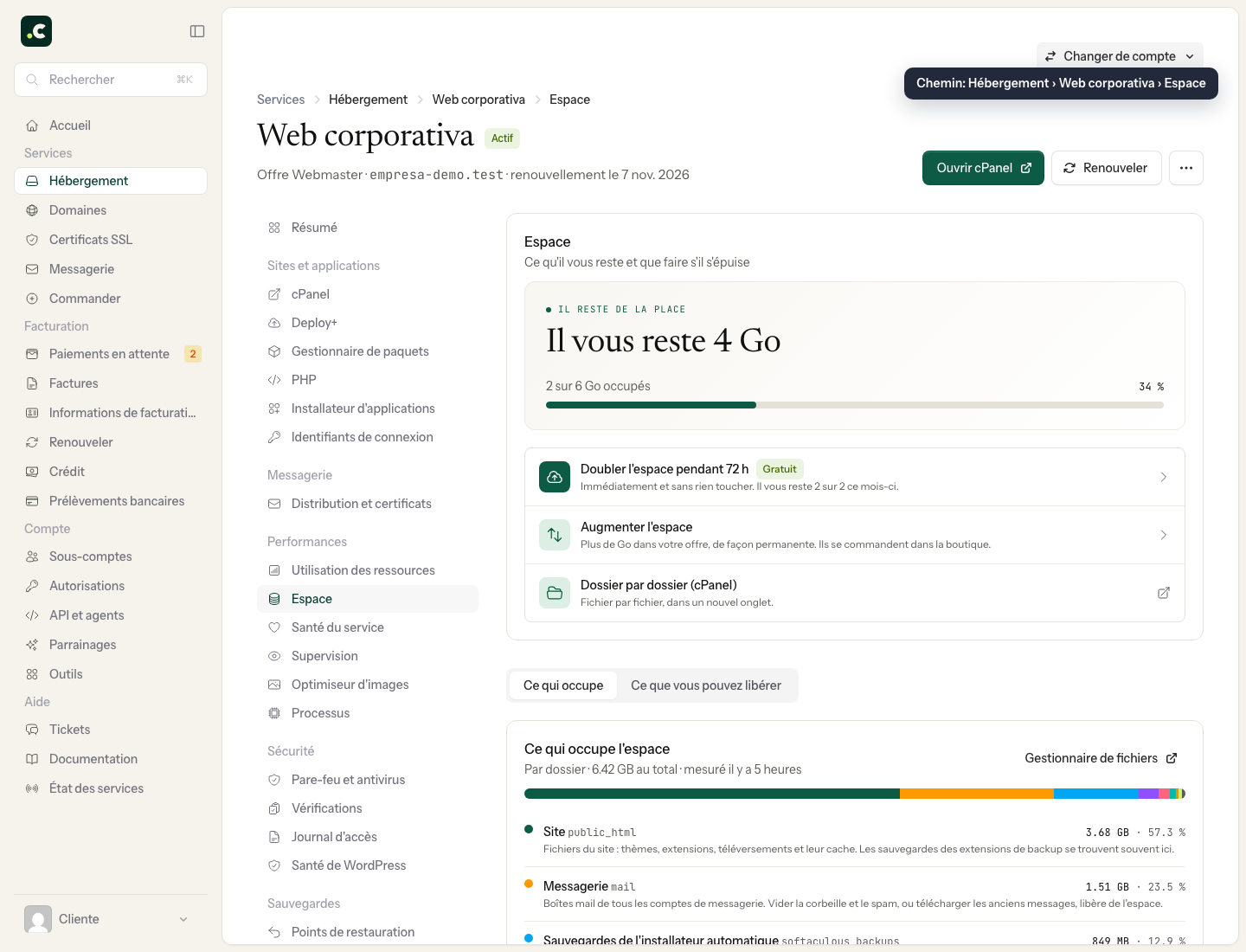 Écran Espace d'un service d'hébergement dans l'espace client