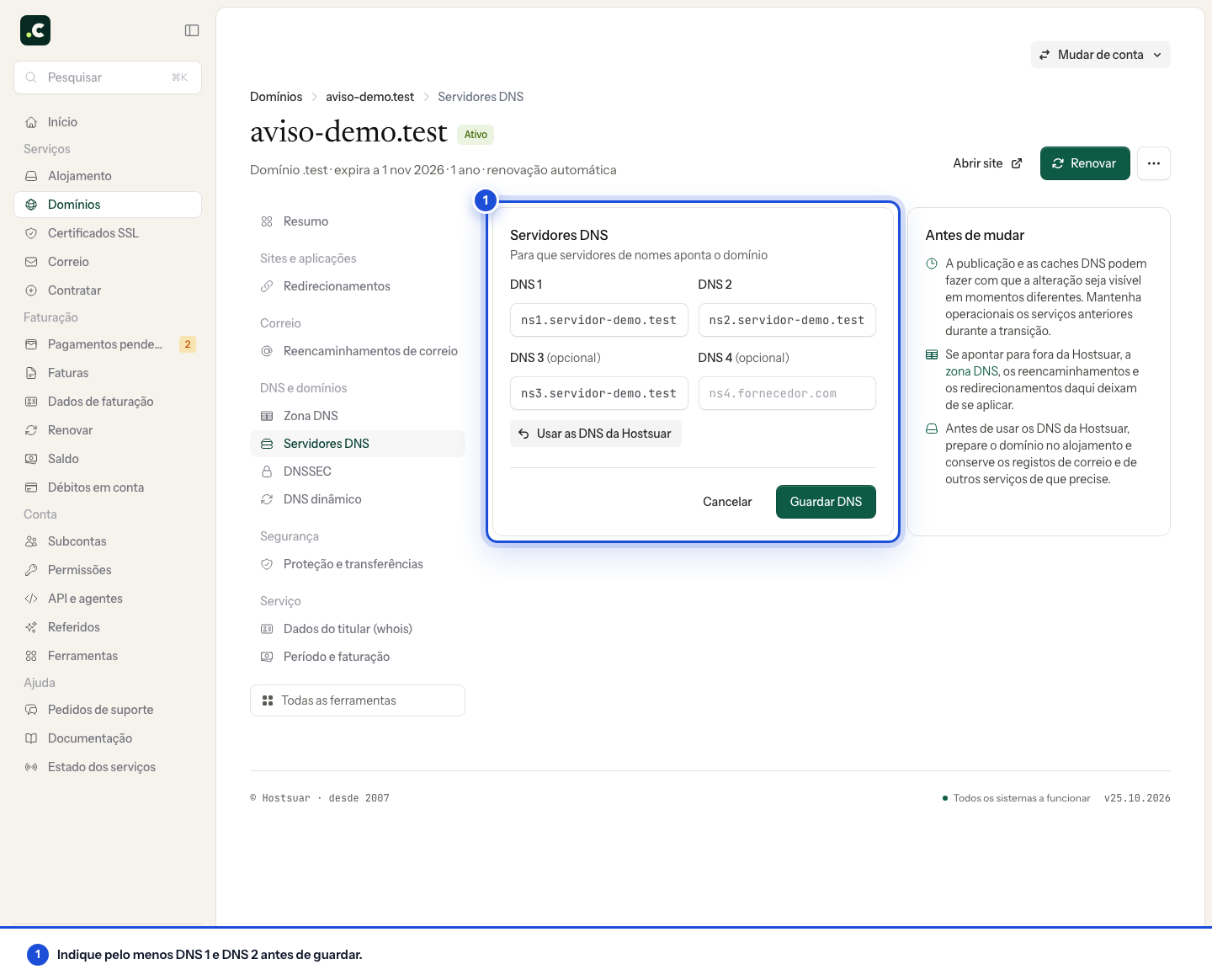 Formulário de servidores DNS do domínio demo, com os campos dos nomes e o botão Guardar DNS