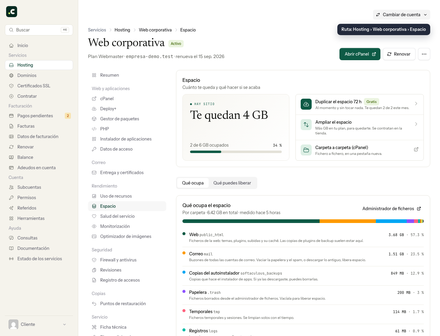 Pantalla Espacio de un servicio de hosting en el área de clientes