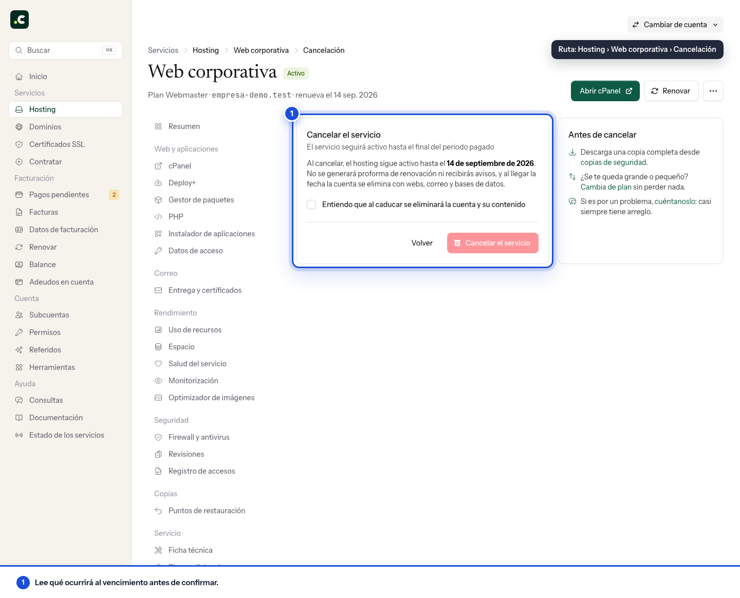 Cancelar la renovación de un hosting