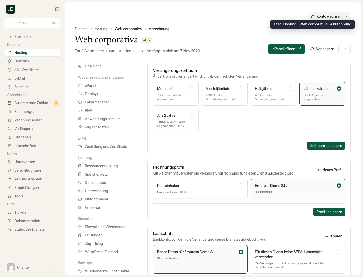 Dem Hosting ein Rechnungsprofil zuweisen
