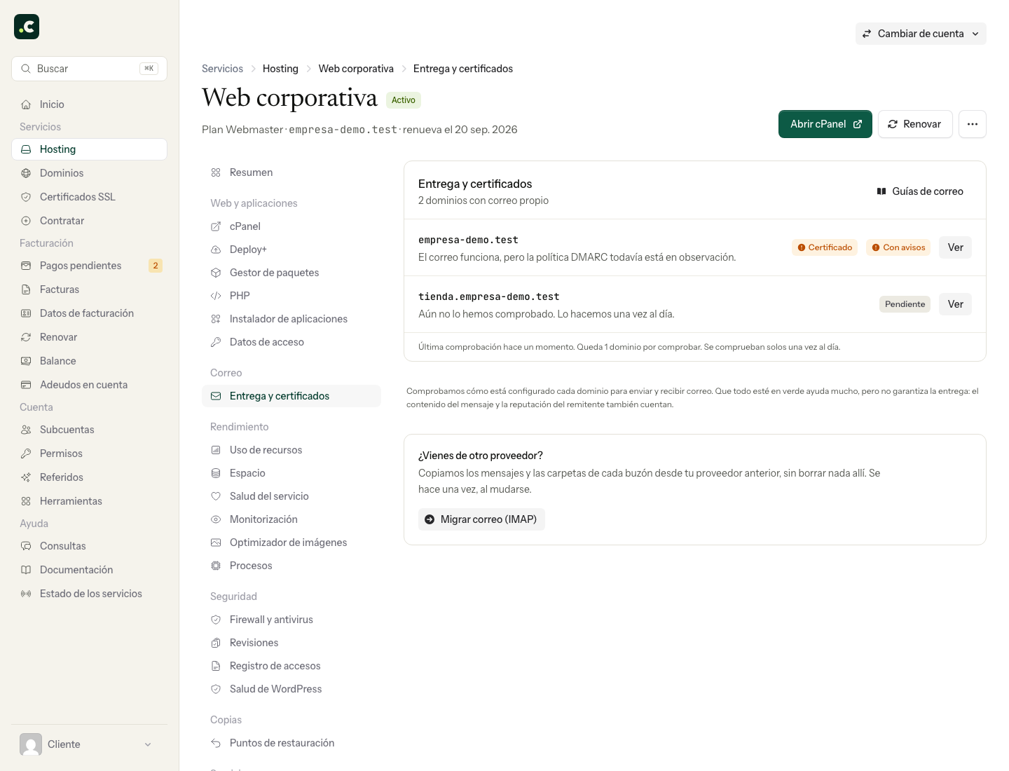 Resumen de entrega y certificados en el hosting demo