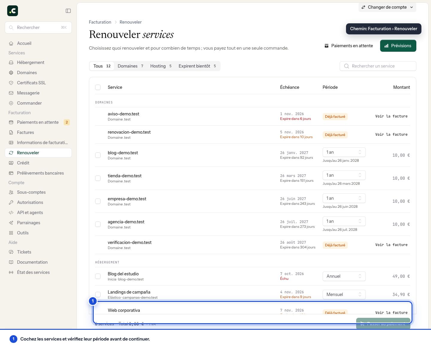 Choisir plusieurs services à renouveler