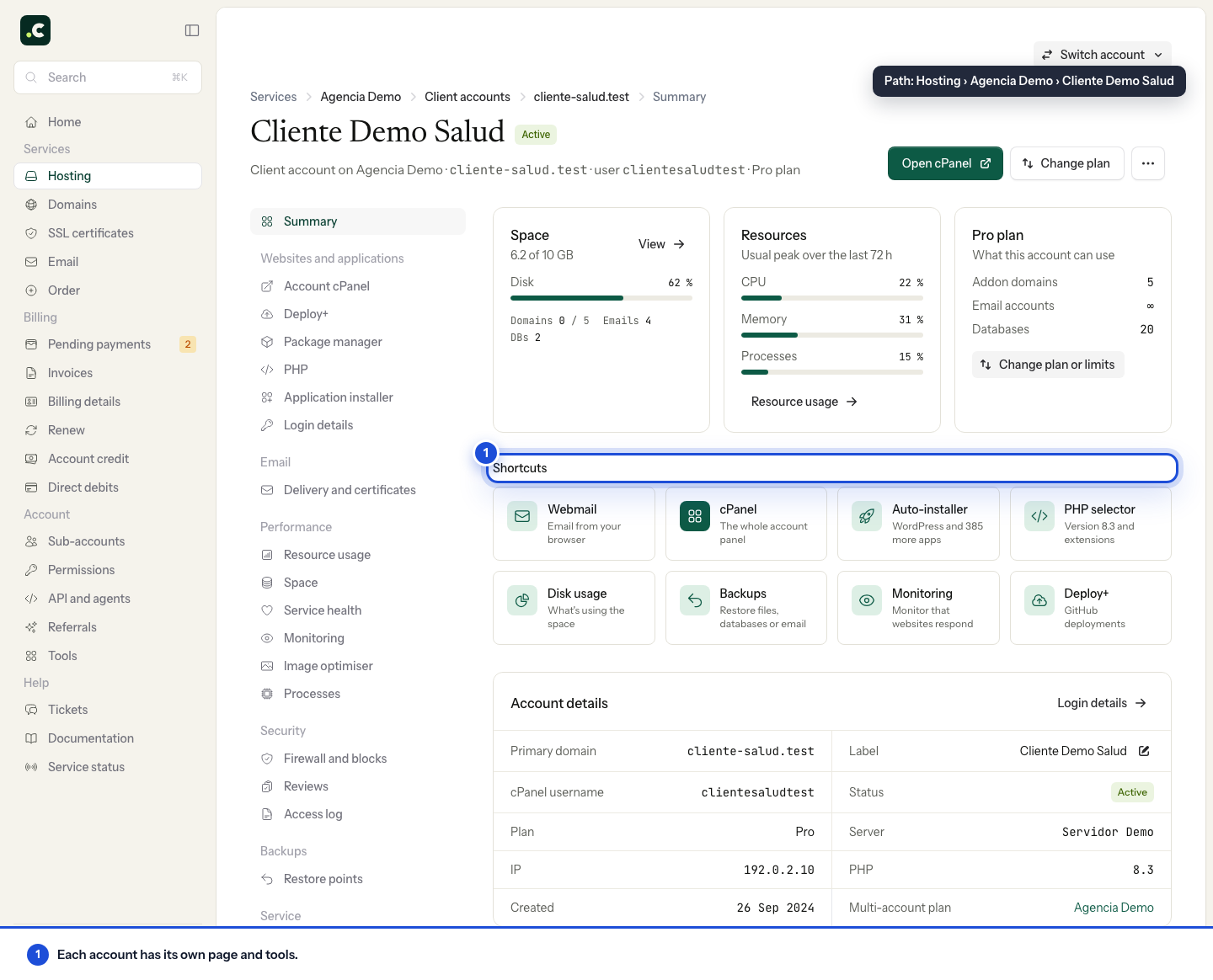 Page of a reseller account
