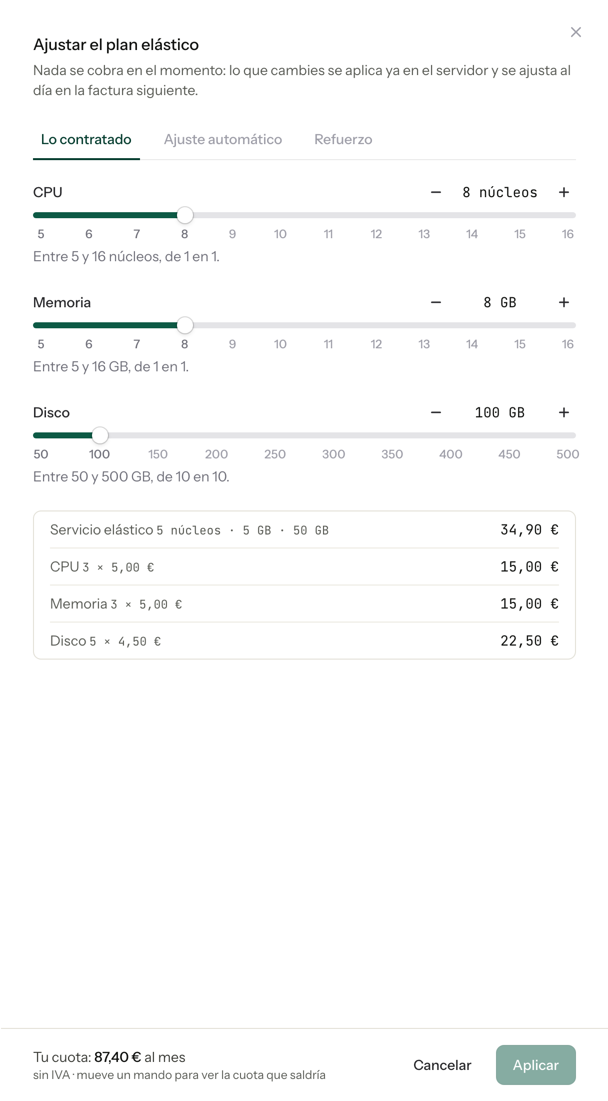 Los mandos, con el precio que resulta al lado del botón