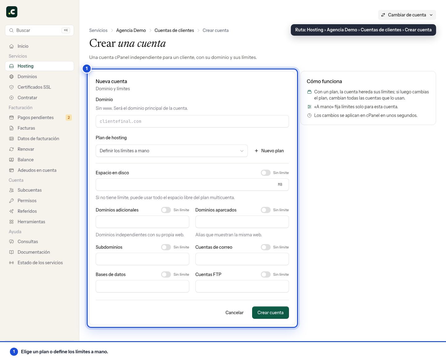 Formulario para crear una cuenta de hosting