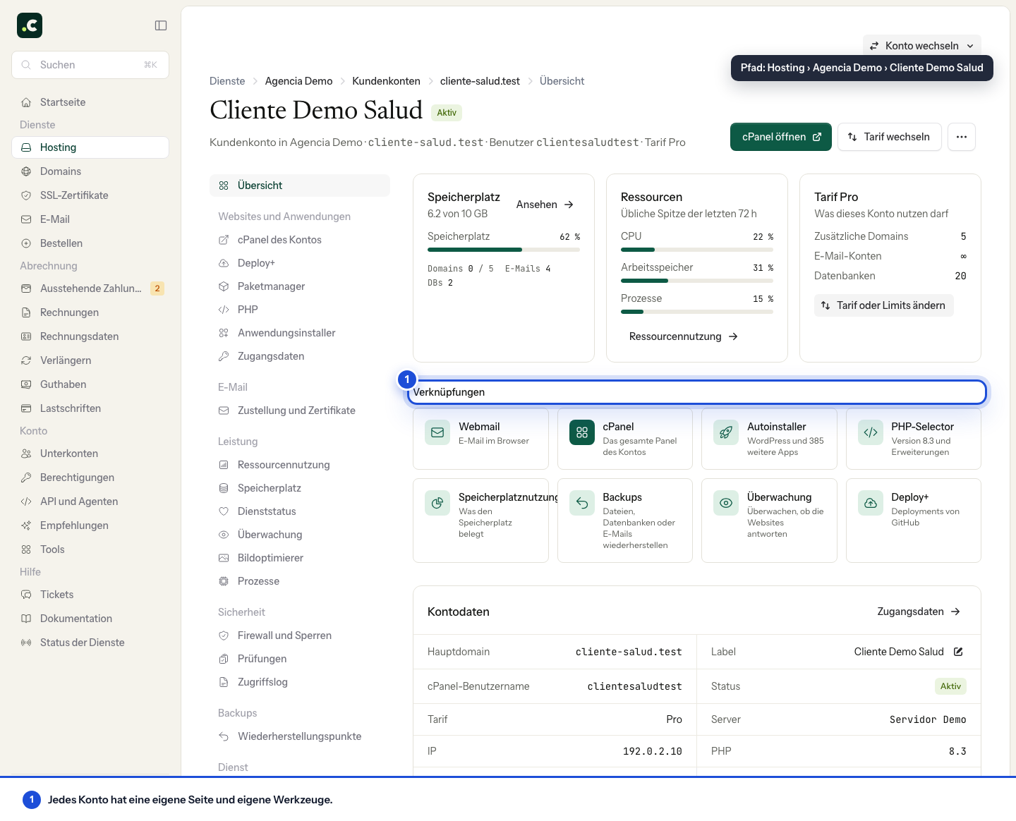 Detailansicht eines Reseller-Kontos