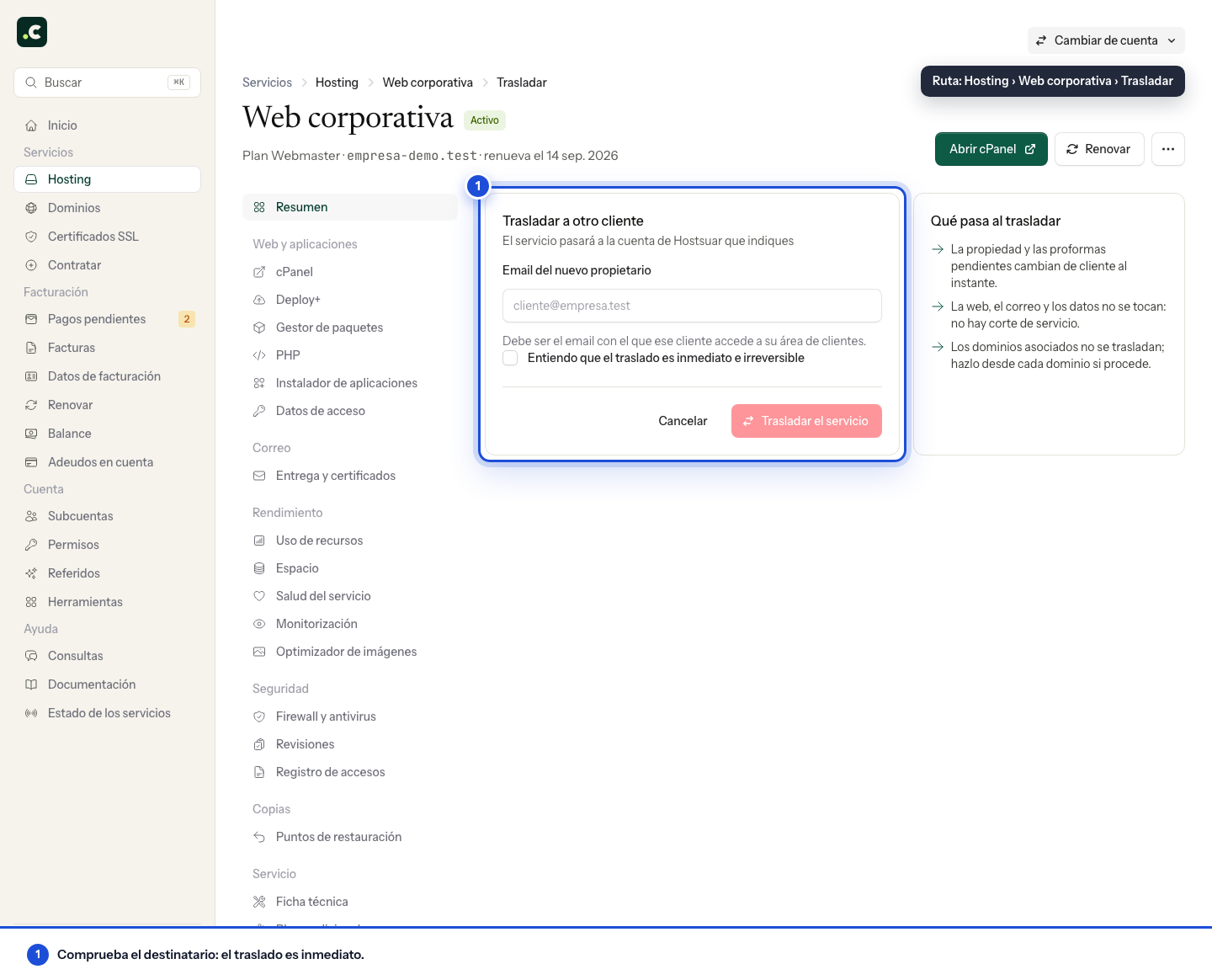 Trasladar un hosting a otro cliente