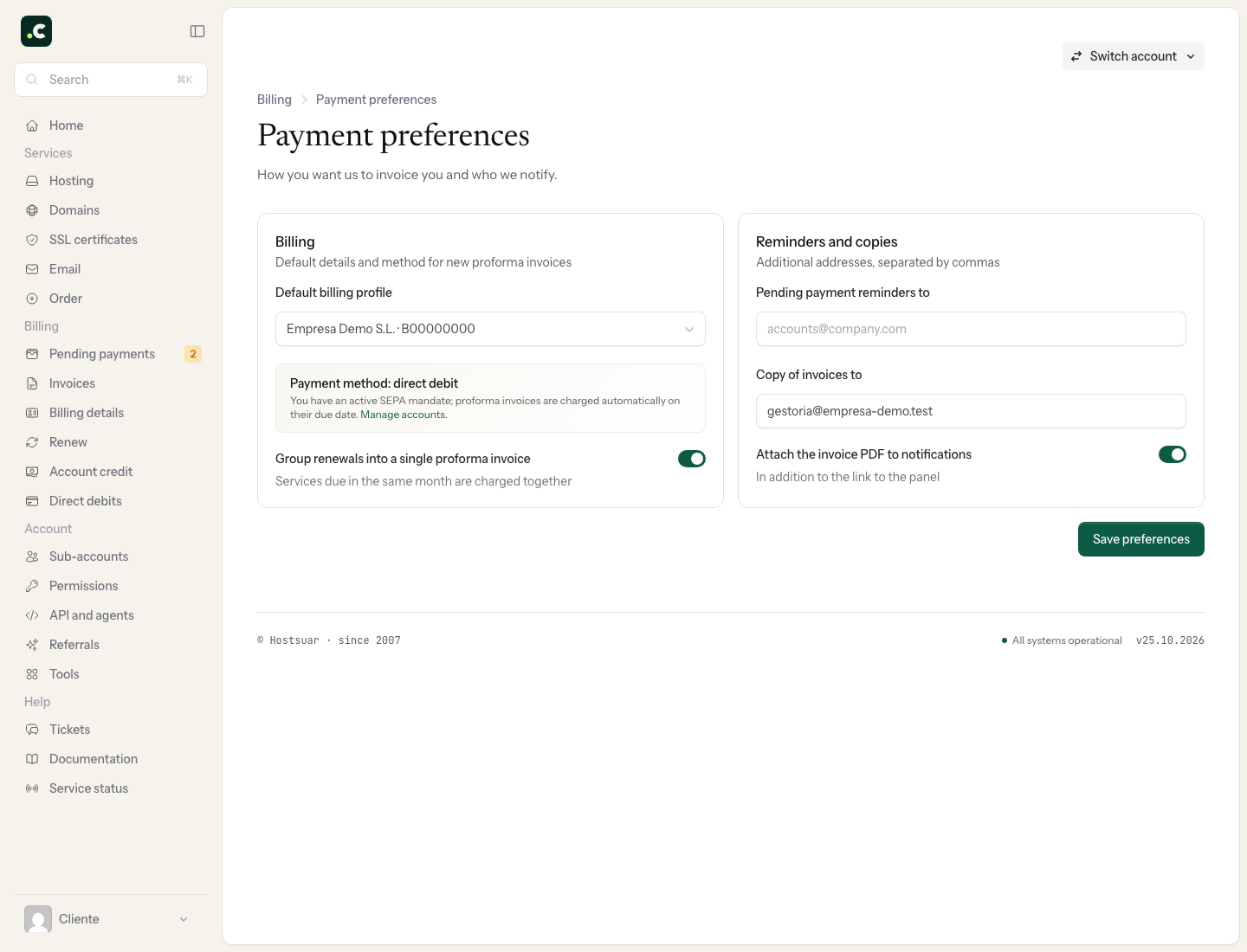 Billing preferences with active direct debit, reminders and copies
