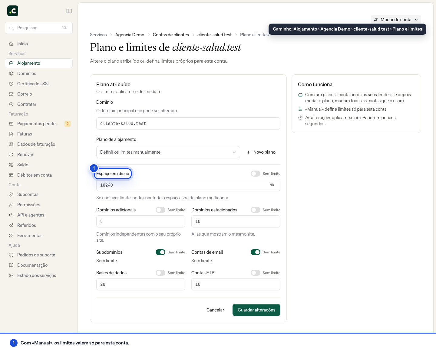Limites definidos manualmente para uma só conta