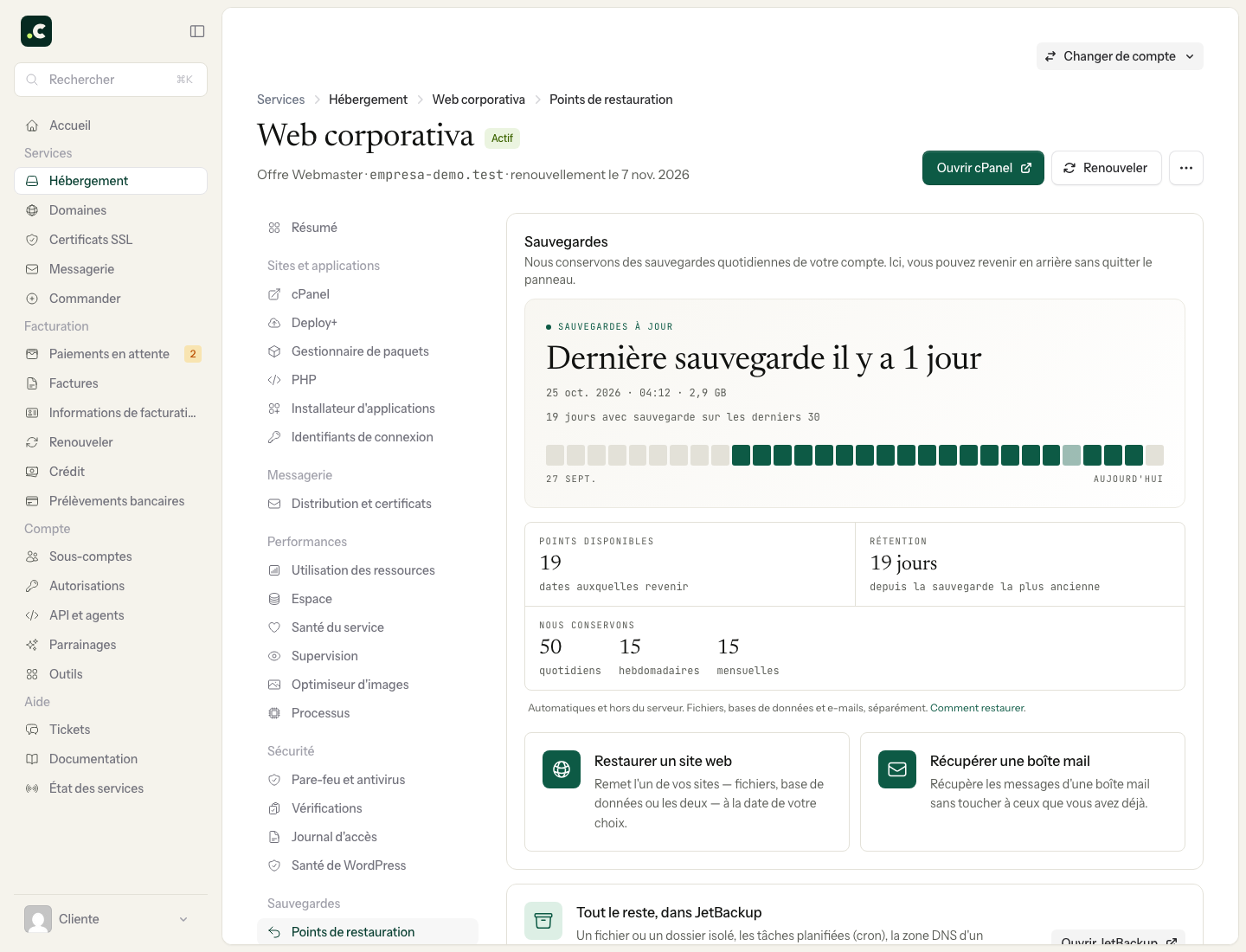 Points de restauration de l'hébergement de démonstration et accès aux assistants du site et du courrier