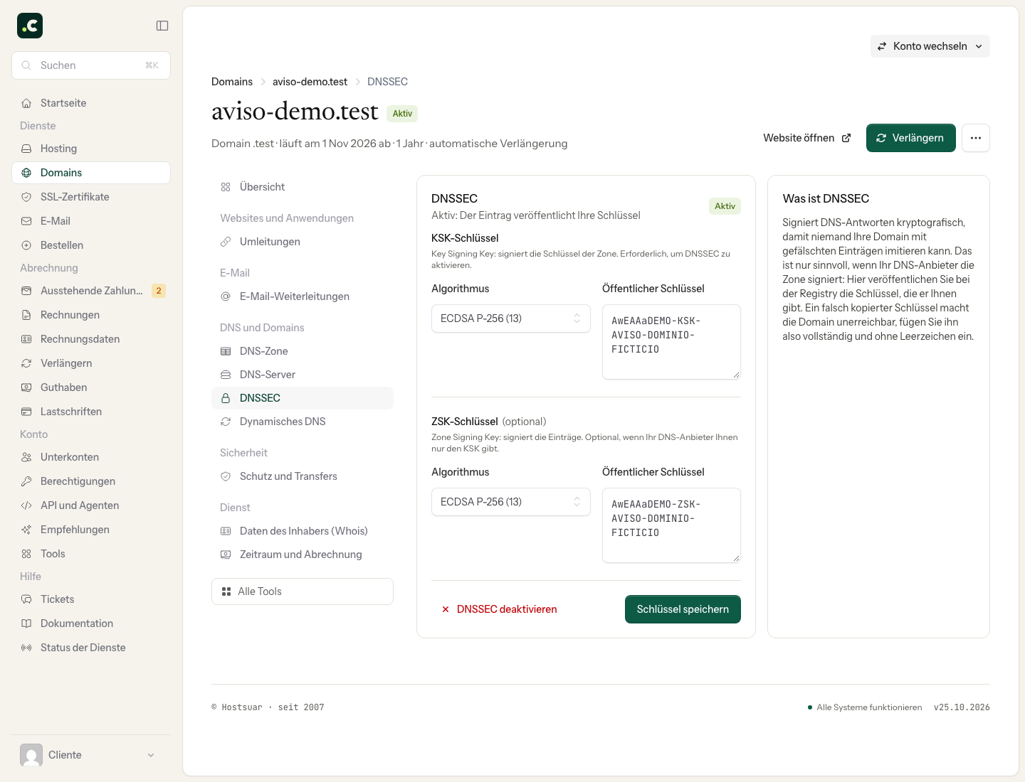DNSSEC-Formular der Demo-Domain mit getrennten Feldern für KSK und ZSK