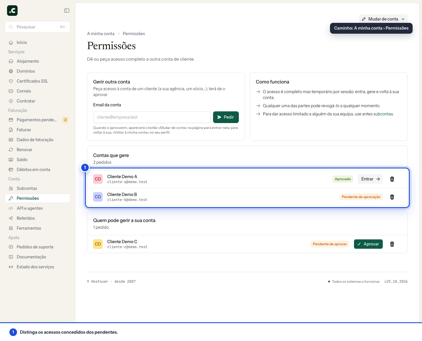 Permissões para gerir outras contas de cliente