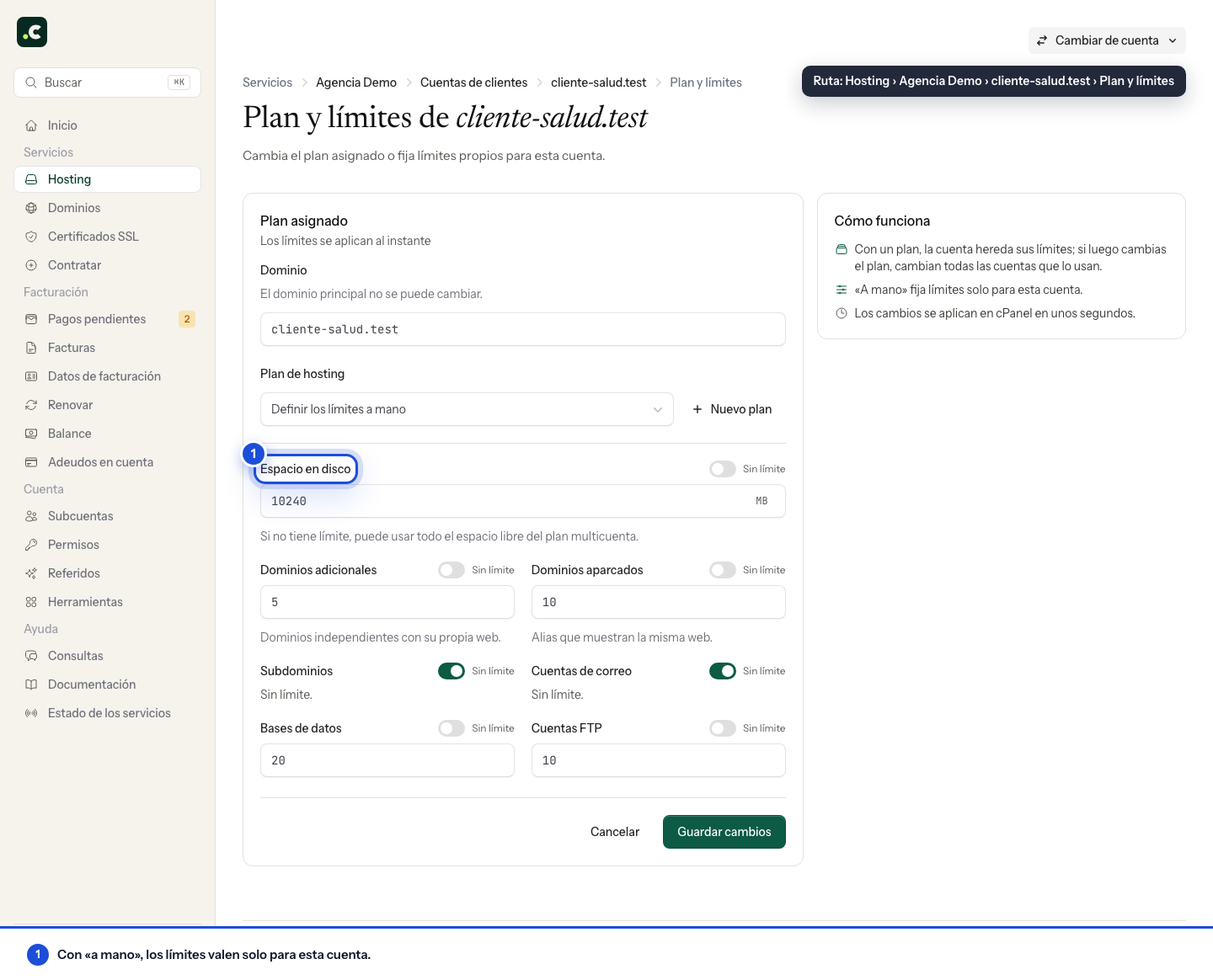 Límites definidos a mano para una sola cuenta