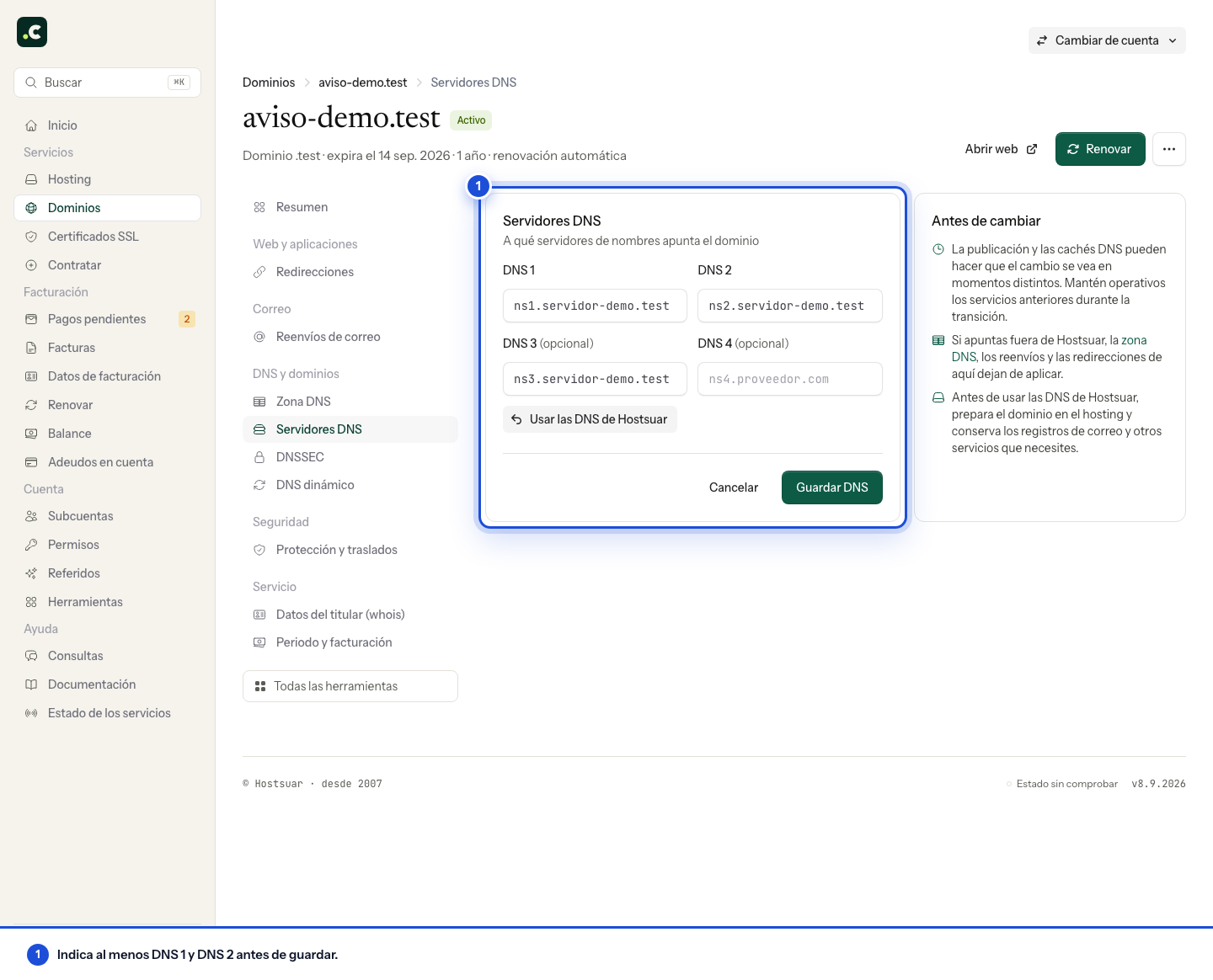 Formulario de servidores DNS del dominio demo, con los campos de nombres y el botón Guardar DNS